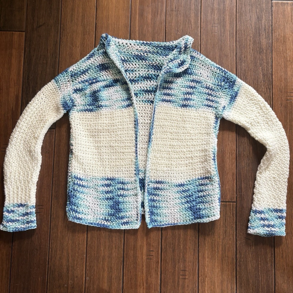 Handmade Crochet Cardigan Women's Medium Blue White Open Front Knit Boho